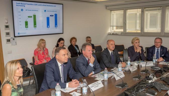 The President and the First Lady of the Republic of Poland receive an operations briefing in the OPSCEN.  The WFP Executive Board President, Mr. Zoltán Kálmán of Hungary who is also the List E (Eastern/Central Europe Convenor) (seated to the left of the Executive Director), formed part of the welcoming delegation to WFP Headquarters.  PGB includes as a regular feature in high-level visit scenarios a briefing on operations of interest to the visiting delegation. Photo Credit: WFP/Giulio dAdamo