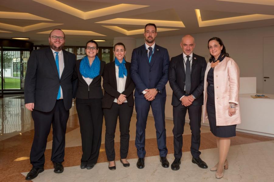 Some of the WFP team from the Executive Board Secretariat and HQ Security Branch with Ms Harriet  Spanos, WFP Secretary to the Executive Board, who supported the high-level visits.  PGB relies on the hand-in-hand support of Facilities Management and HQ Security Branch to carry out all events. From left to right Mr M. Gilliland, Ms V. Younes and Ms L. Ponzi, Executive Board Secretariat; Mr S. Bertolini and Mr A. Carboni, HQ Security Branch; and Ms H. Spanos. Photo Credit: WFP/Giulio dAdamo