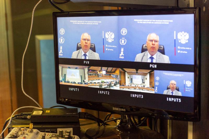 WFP HQ Rome, Italy, 21 June 2021 - In the Photo: intervention by H.E. Mr. Victor Vasiliev, Ambassador and Permanent Representative of Russian Federation - (connected remotely). - Photo: WFP/Giulio D'Adamo