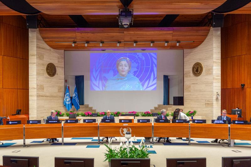 WFP HQ Rome, Italy, 21 June 2021 - In the Photo: intervention by Ms. Amina J. Mohammed, Deputy Secretary-General of the UN and Chair of the UN Sustainable Development Group - (connected remotely).  From left to right: - Mr. David Beasley, UN WFP Executive Director; - Ambassador H.E. Mr. Luis Fernando Carranza Cifuentes, Guatemala and President of the WFP EB 2021; - Mr. Philip Ward, Secretary to the EB - Photo: WFP/Giulio D'Adamo