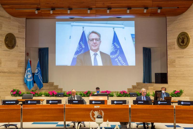 WFP HQ Rome, Italy, 22 June 2021 - In the Photo: intervention by Mr. Michael Dunford, Regional Director for Eastern Africa (connected remotely).  From left to right: - Ambassador H.E. Mr. Luis Fernando Carranza Cifuentes, Guatemala and President of the WFP EB 2021; - Mr. Philip Ward, Secretary to the EB. - Photo: WFP/Giulio D'Adamo