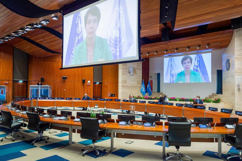 WFP HQ Rome, Italy, 22 June 2021 - In the Photo: intervention by Ms. Lola Castro, Regional Director for Southern Africa (connected remotely).  From left to right: - Mr. Amir M. Abdulla, UN WFP Deputy Executive Director; - Ambassador H.E. Mr. Luis Fernando Carranza Cifuentes, Guatemala and President of the WFP EB 2021; - Mr. Philip Ward, Secretary to the EB. - Photo: WFP/Giulio D'Adamo
