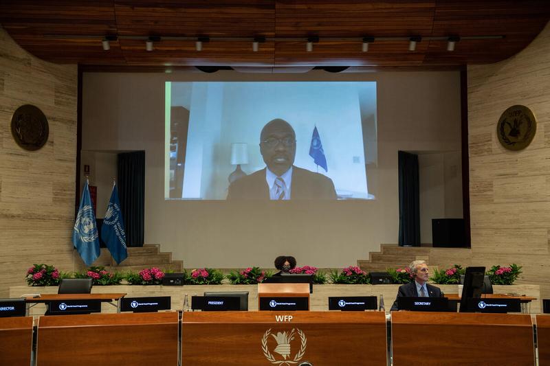 WFP HQ Rome, 22 June 2021 - Impacting Nutrition through a Fresh Food Voucher Programme in Ethiopia.  Side event on the margins of the Annual regular session of the Executive Board, 2021  In the photo: Mr. Stevenwere Omamo, WFP Country Director in Ethiopia responds to questions by the EB membership, (on screen) - Photo: WFP/Rein Skullerud