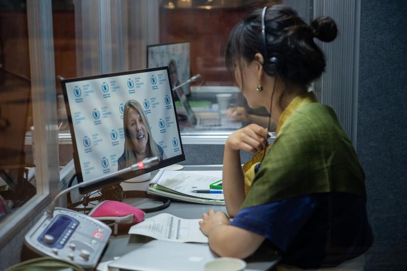 WFP HQ Rome, 22 June 2021- Impacting Nutrition through a Fresh Food Voucher Programme in Ethiopia Side event on the margins of the Annual regular session of the Executive Board, 2021  In the photo: The meeting moderator Ms Allison Oman Lawi, Director a.i. Nutrition, seen from the interpreters booth. - Photo: WFP/Rein Skullerud