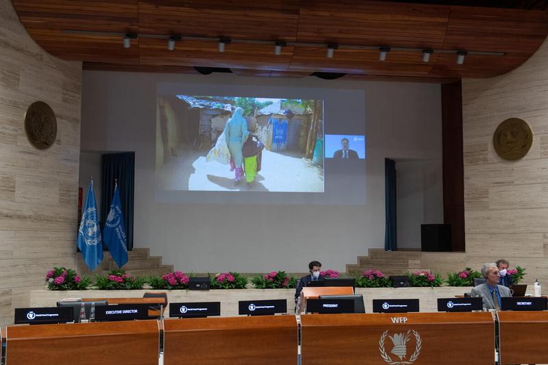 WFP HQ Rome, Wednesday 23 June 2021 - Social protection and WFP’s dual role: supporting millions of people while helping governments to support billions - Side event on the margins of the Annual regular session of the Executive Board, 2021  In the photo: Final comments by Mr. David Kaatrud, Director, PRO (on screen) - Photo: WFP/Rein Skullerud