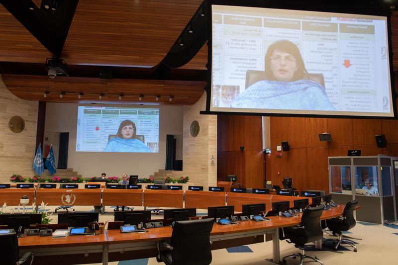 WFP HQ Rome, Wednesday 23 June 2021 - Social protection and WFP’s dual role: supporting millions of people while helping governments to support billions - Side event on the margins of the Annual regular session of the Executive Board, 2021  In the photo: Remarks by Dr. Sania Nishtar, Special Assistant of Pakistan’s Prime Minister and Federal Minister, Poverty Alleviation and Social Safety Division, Government of Pakistan (on screen) - Photo: WFP/Rein Skullerud