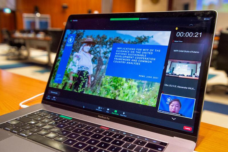 WFP HQ Rome, Italy, 23 June 2021 - In the Photo: intervention by Ms. Coco Ushiyama, Director of the WFP office in New York (connected remotely). - Photo: WFP/Giulio D'Adamo