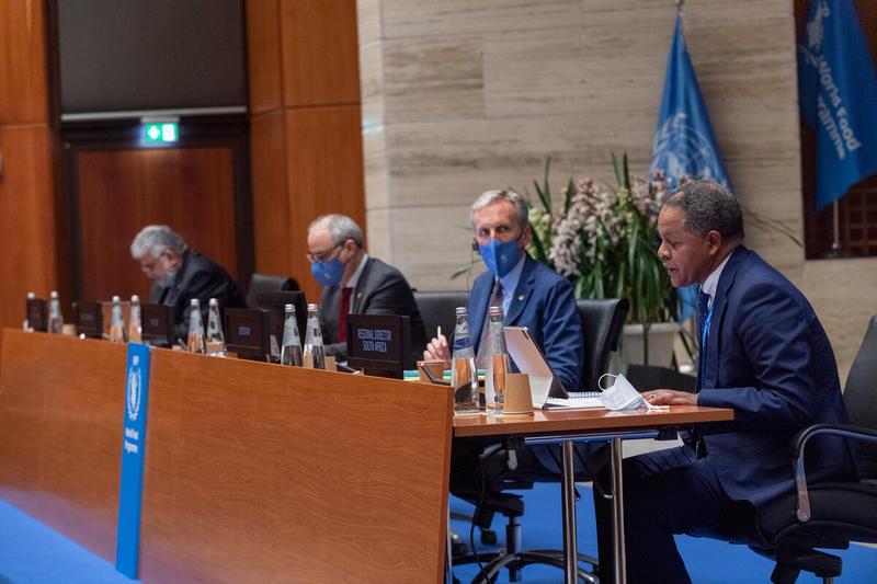Menghestab Haile, Regional Director for Southern Africa, delivers his presentation to the Executive Board. Photo: WFP/Rein Skullerud