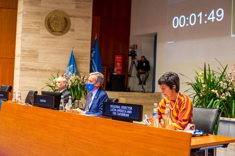 Intervention by Ms. Lola Castro, Regional Director Latin America and The Caribbean. From left to right: Ambassador H.E. Mr. Luis Fernando Carranza Cifuentes, Guatemala and President of the WFP EB 2021; Mr. Philip Ward, Secretary to the EB; Ms. Lola Castro, Regional Director Latin America and The Caribbean. Photo: WFP/Giulio d'Adamo