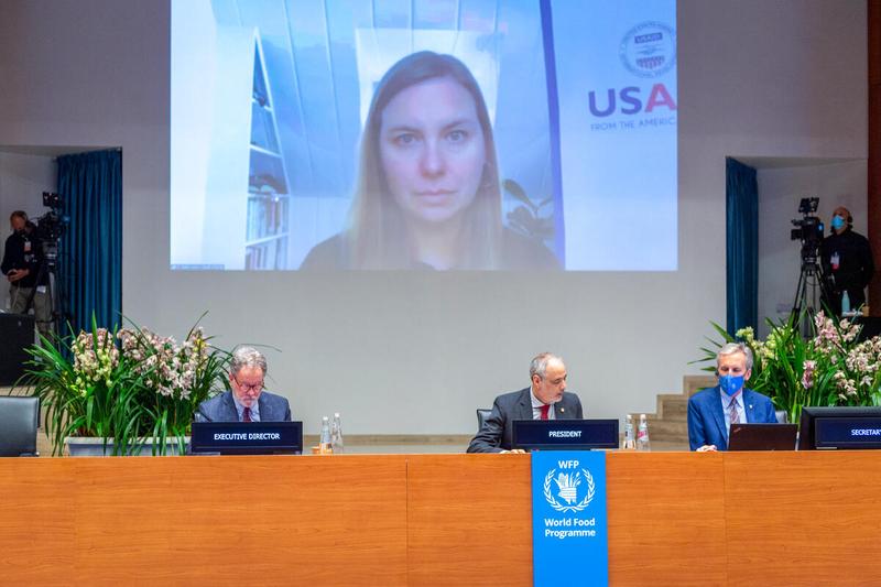 Intervention by Ms. Sarah Charles, Assistant to the Administrator of USAID’s Bureau for Humanitarian Assistance - (connected remotely). Photo: WFP/Giulio d'Adamo