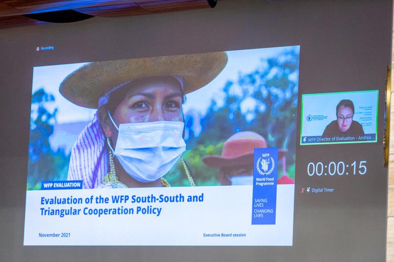 Intervention by Ms. Andrea Cook, United Nations World Food Programme Director of Evaluation (connected remotely). Photo: WFP/Giulio d'Adamo