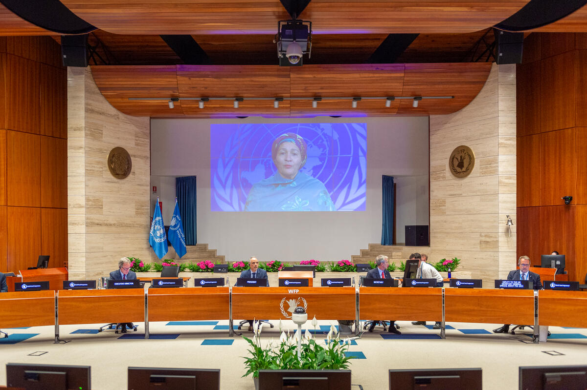 Intervention by Ms. Amina J. Mohammed, Deputy Secretary-General of the United Nations and Chair of the United Nations Sustainable Development Group - (connected remotely). From left to right: Mr. David Beasley, United Nations World Food Programme Executive Director; Ambassador H.E. Mr. Luis Fernando Carranza Cifuentes, Guatemala and President of the WFP Executive Board 2021; Mr. Philip Ward, Secretary to the Executive Board; Dr. Martin Frick, Deputy to the Special Envoy for the UN Food Systems Summit 2021 at United Nations. Photo: WFP/Giulio d'Adamo